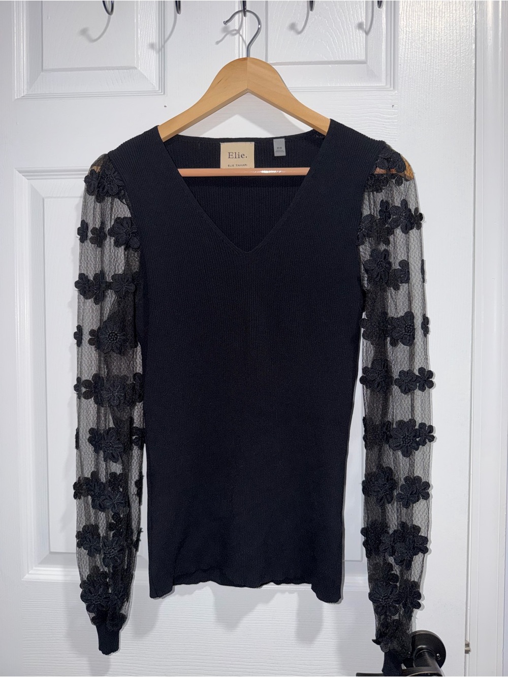 Elie Black V-Neck Sweater Top with Floral Mesh Sleeves